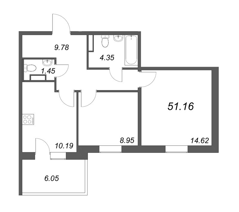 2-комнатная квартира, 49.34 м² в ЖК "Юттери" - планировка, фото №1
