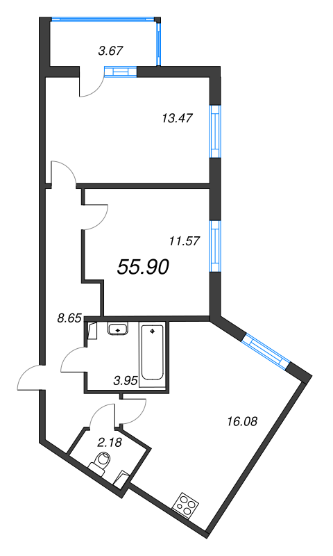 3-комнатная (Евро) квартира, 55.9 м² в ЖК "Любоград" - планировка, фото №1