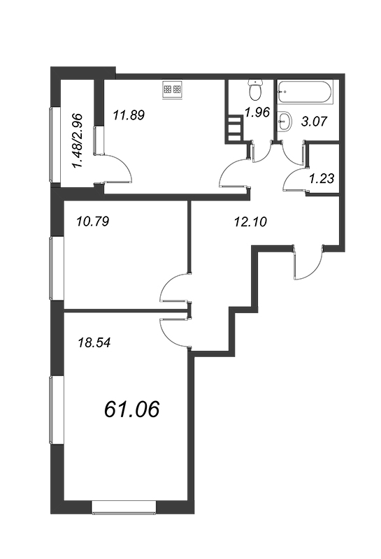 2-комнатная квартира, 61 м² - планировка, фото №1