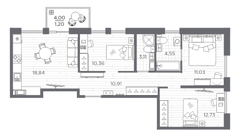 4-комнатная (Евро) квартира, 72.73 м² в ЖК "Сезоны" - планировка, фото №1