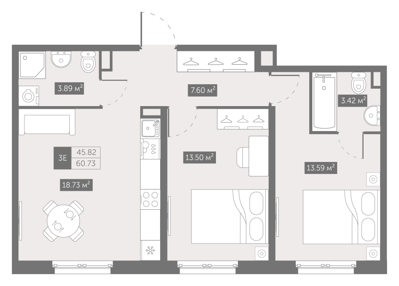 3-комнатная (Евро) квартира, 60.8 м² в ЖК "Зум на Неве" - планировка, фото №1