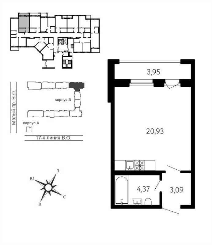 Квартира-студия, 29.58 м² в ЖК "17-я линия" - планировка, фото №1