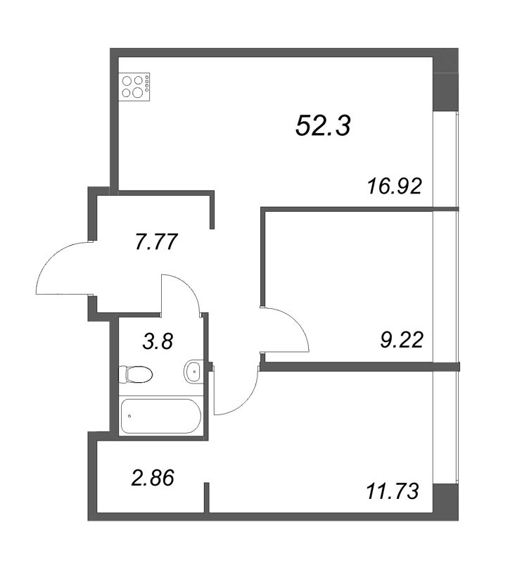 3-комнатная (Евро) квартира, 52.3 м² - планировка, фото №1