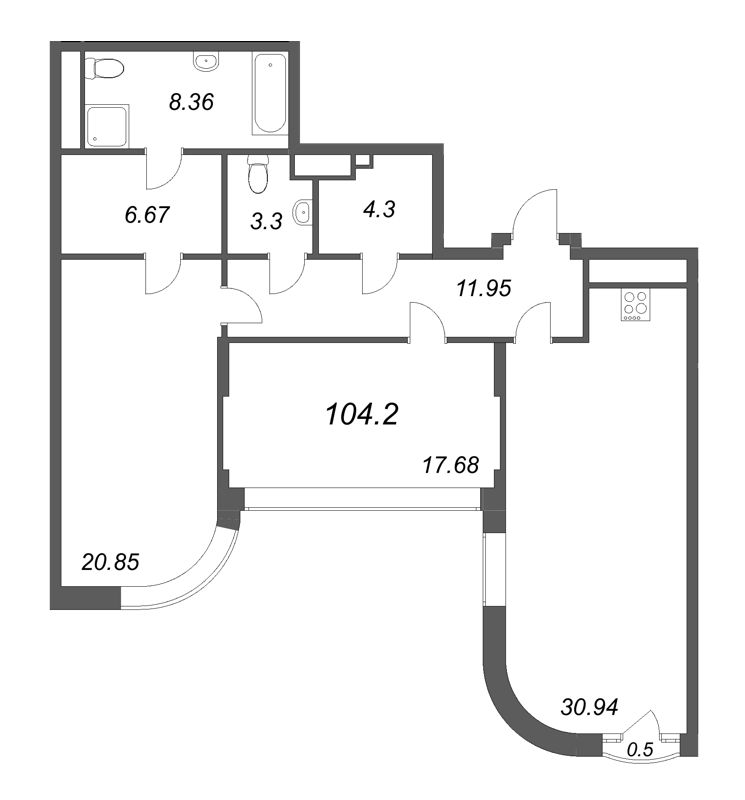 3-комнатная (Евро) квартира, 104.2 м² - планировка, фото №1