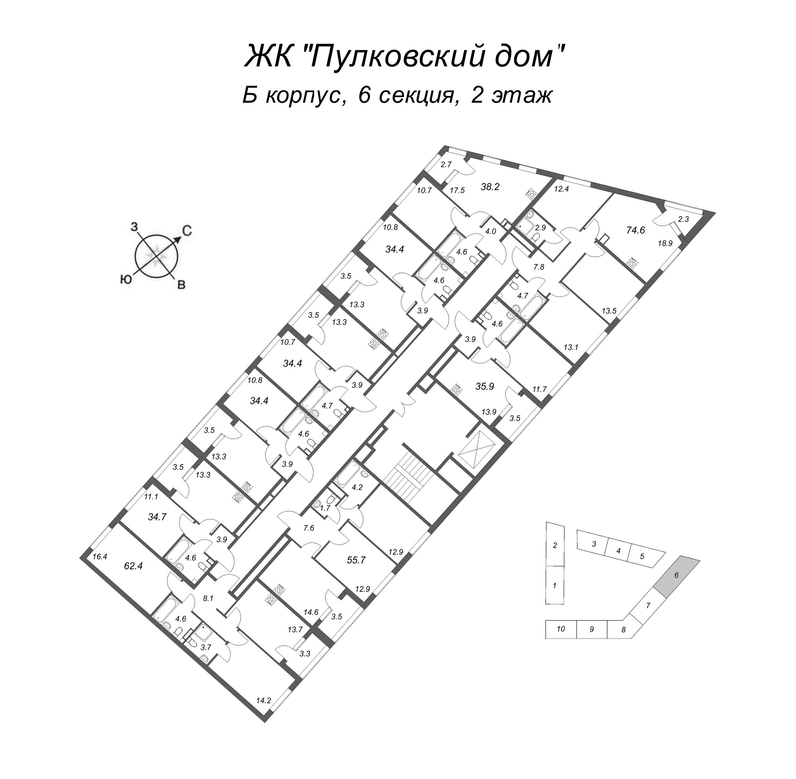 1-комнатная квартира, 35.9 м² в ЖК "Пулковский дом" - планировка этажа