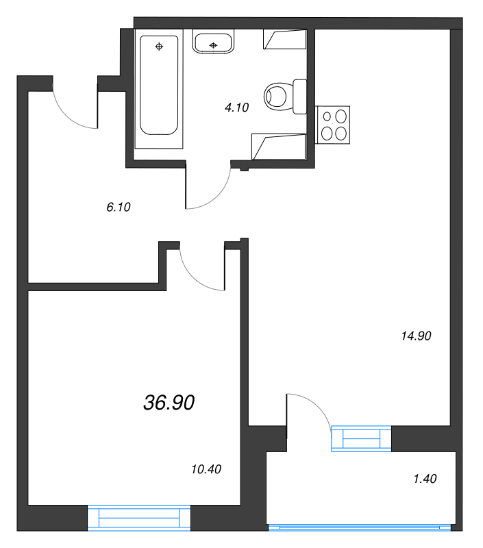 1-комнатная квартира, 36.9 м² - планировка, фото №1