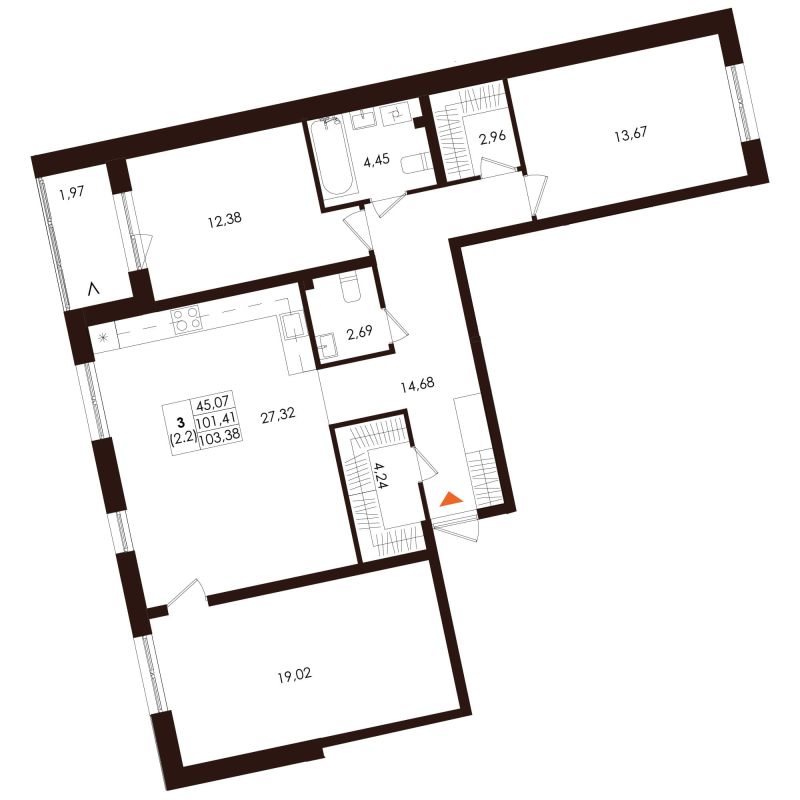4-комнатная (Евро) квартира, 103.38 м² в ЖК "Лисино" - планировка, фото №1