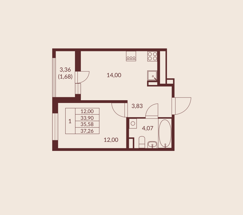 1-комнатная квартира, 35.58 м² в ЖК "Амурино" - планировка, фото №1