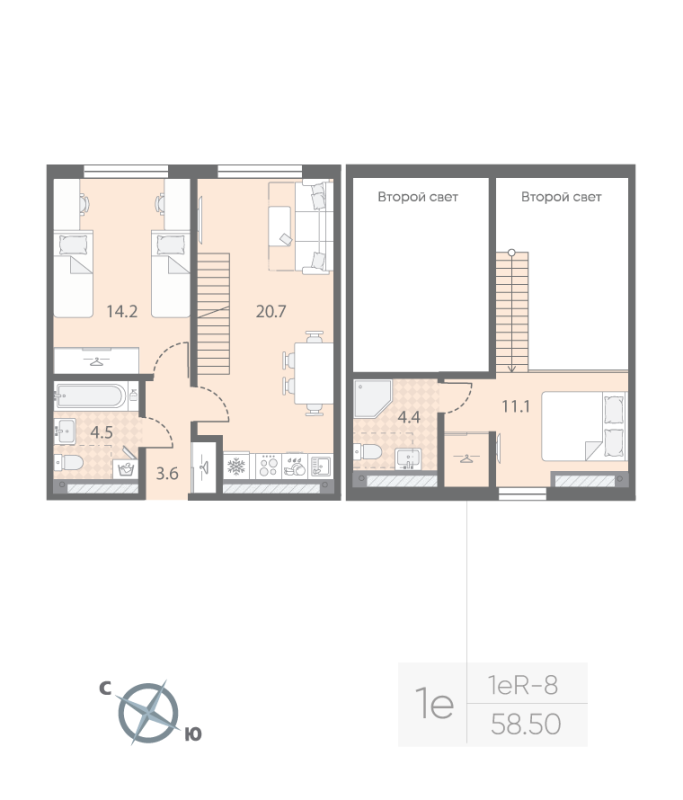 3-комнатная (Евро) квартира, 58.5 м² в ЖК "Пулково Лейк" - планировка, фото №1