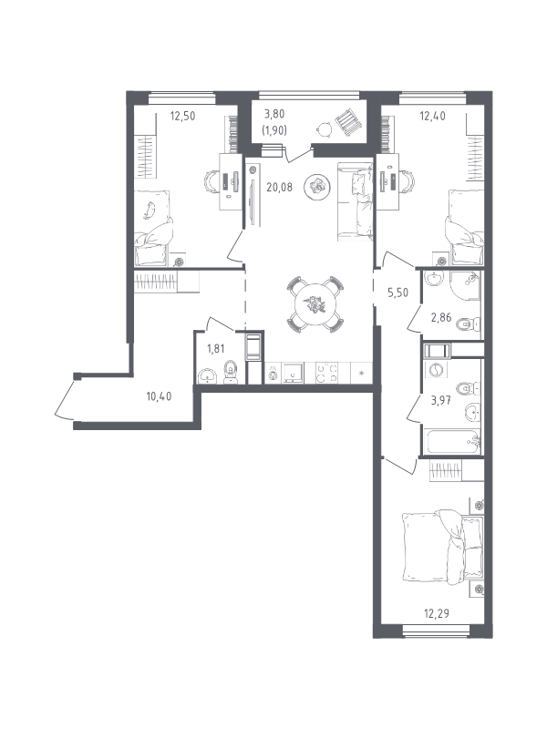 4-комнатная (Евро) квартира, 83.71 м² - планировка, фото №1