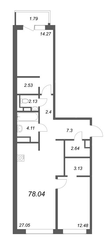 3-комнатная (Евро) квартира, 78.04 м² - планировка, фото №1