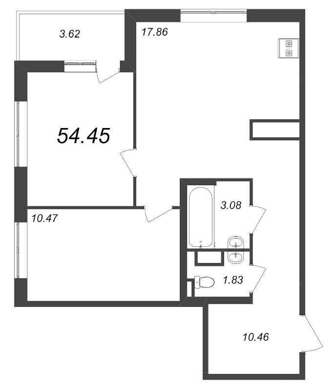 3-комнатная (Евро) квартира, 54.45 м² - планировка, фото №1