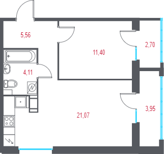 2-комнатная (Евро) квартира, 44.14 м² в ЖК "Город-спутник Южный" - планировка, фото №1