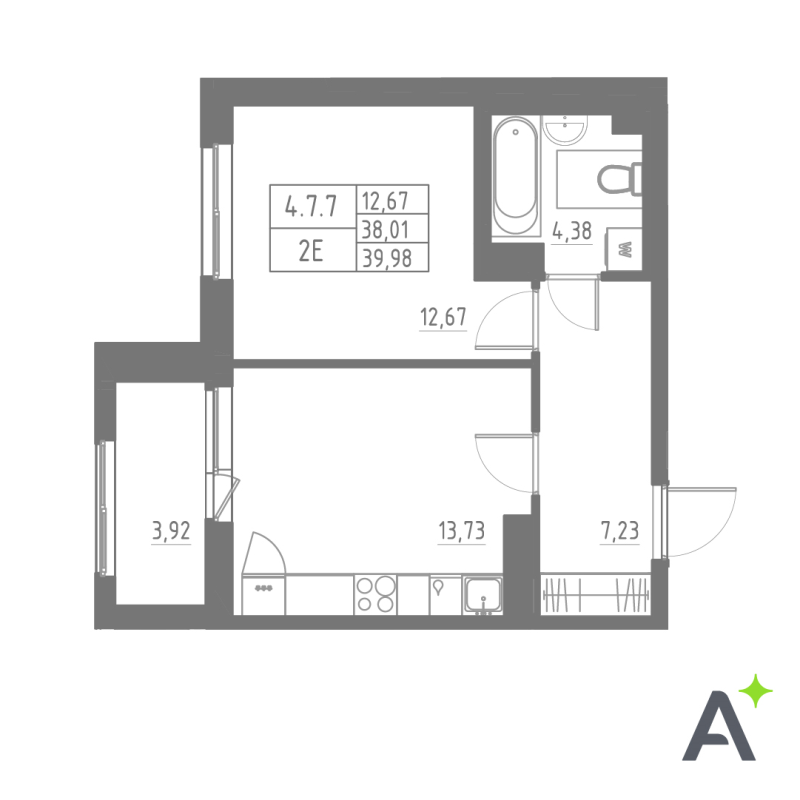 1-комнатная квартира, 39.98 м² в ЖК "Аквилон Solar" - планировка, фото №1