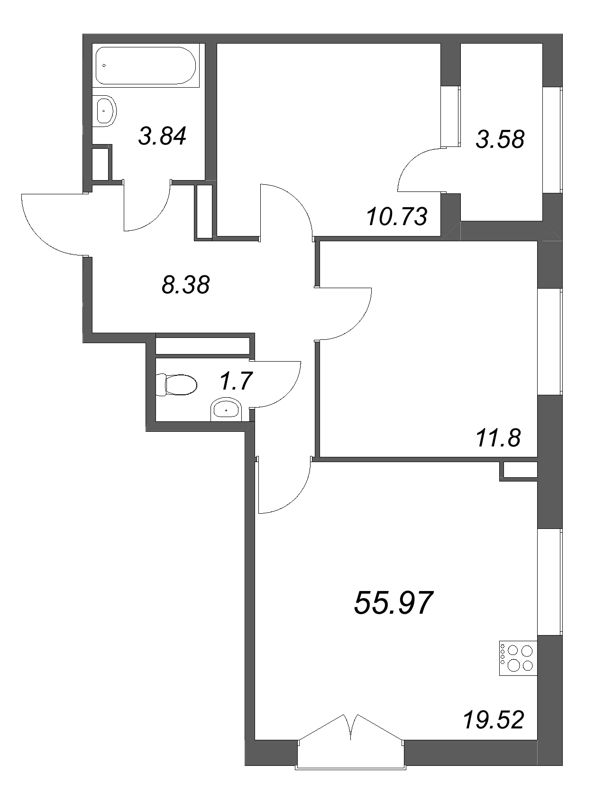 3-комнатная (Евро) квартира, 55.97 м² в ЖК "Дубровский" - планировка, фото №1