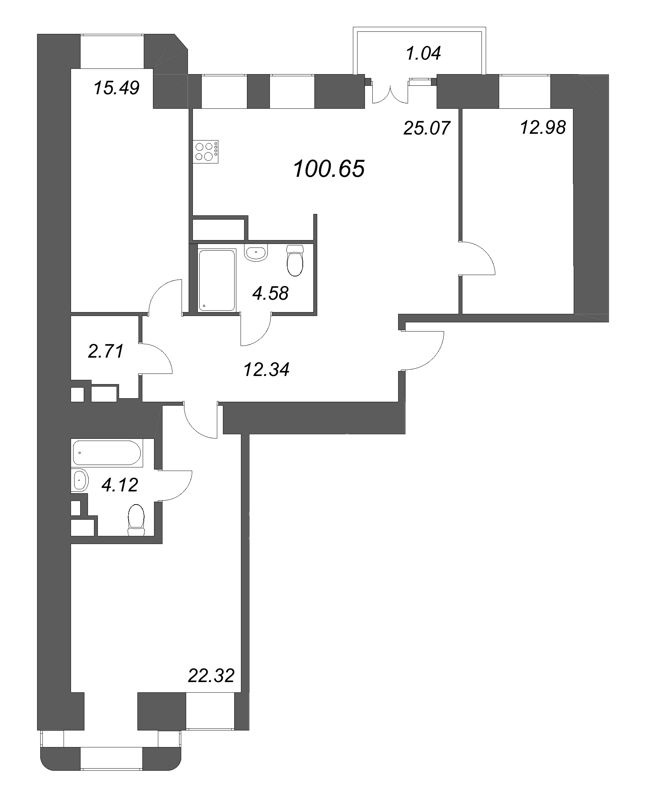 3-комнатная квартира, 100.65 м² в ЖК "Моисеенко 10" - планировка, фото №1