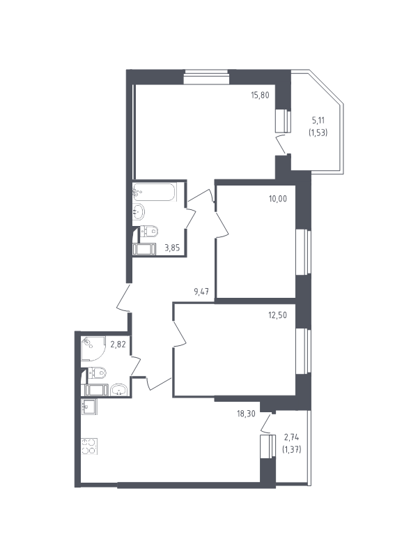 4-комнатная (Евро) квартира, 75.64 м² в ЖК "Живи! В Рыбацком" - планировка, фото №1