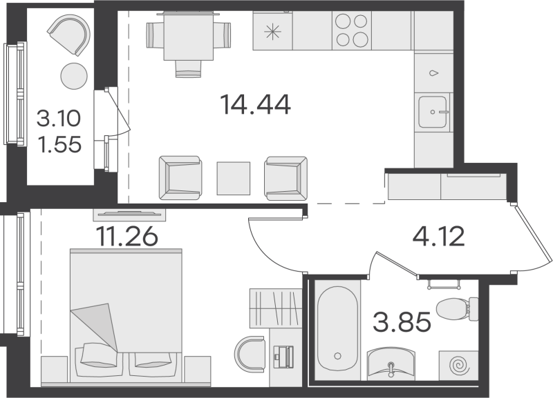 1-комнатная квартира, 35.22 м² в ЖК "GloraX Парголово" - планировка, фото №1