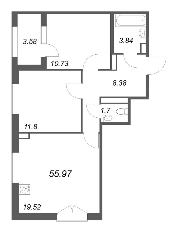 3-комнатная (Евро) квартира, 55.97 м² в ЖК "Дубровский" - планировка, фото №1