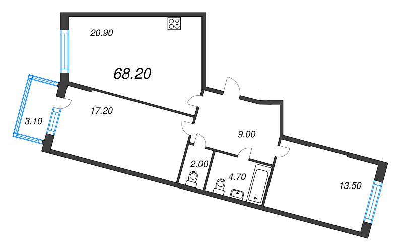 3-комнатная (Евро) квартира, 68.2 м² в ЖК "Ягодное Река Парк" - планировка, фото №1
