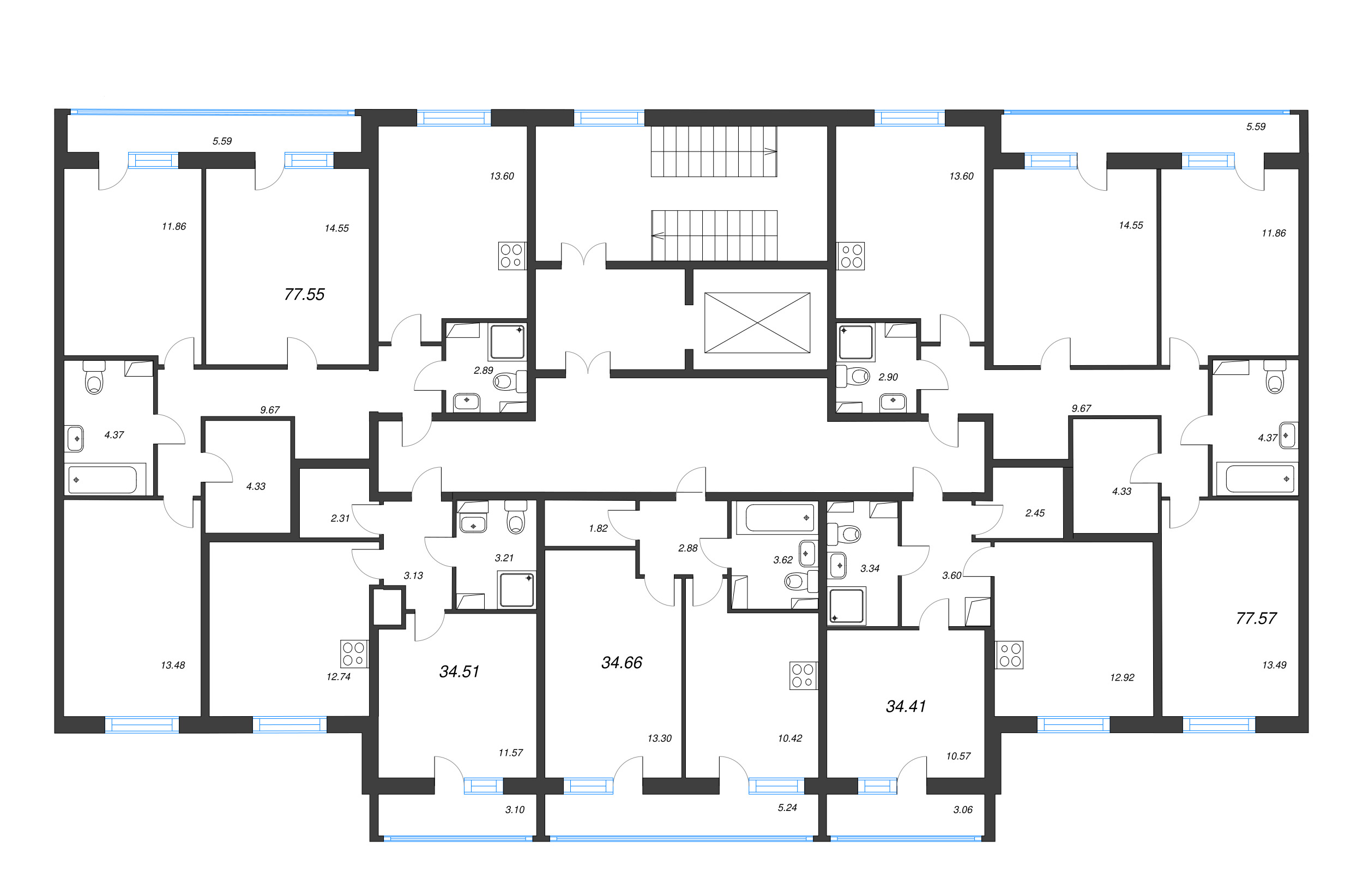 3-комнатная квартира, 77.57 м² в ЖК "Кинопарк" - планировка этажа