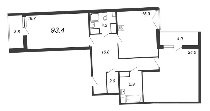 2-комнатная квартира, 94.8 м² в ЖК "Квартал Che" - планировка, фото №1