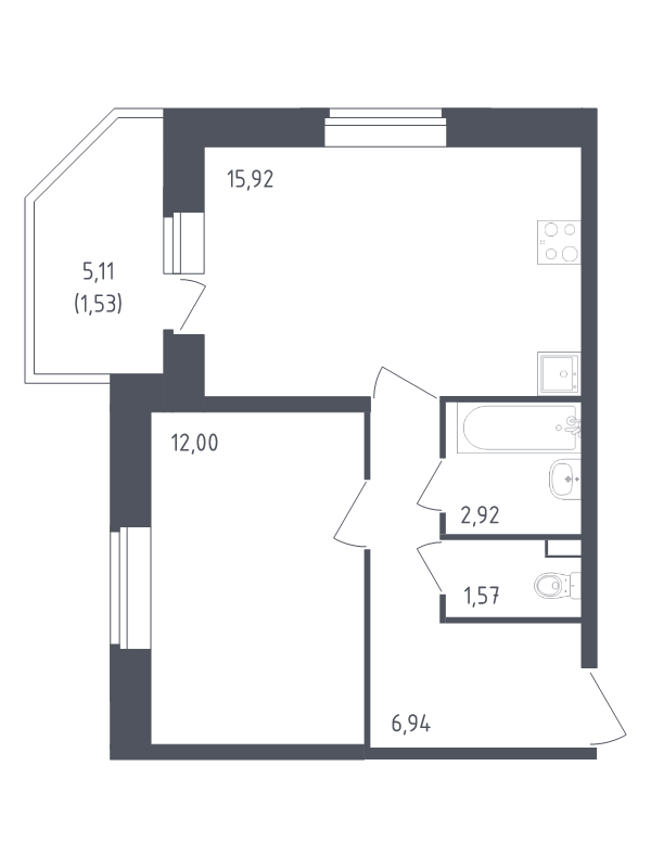 2-комнатная (Евро) квартира, 40.88 м² - планировка, фото №1