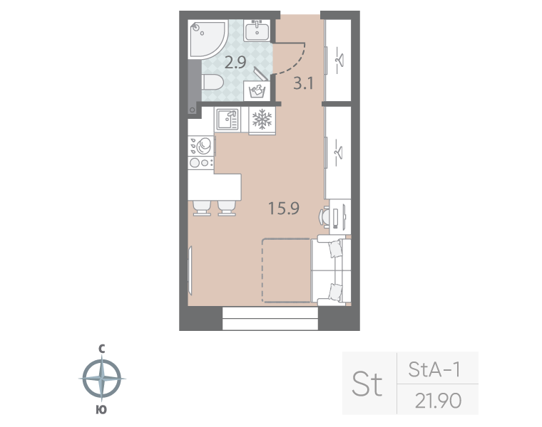 Квартира-студия, 21.9 м² в ЖК "Большая Охта" - планировка, фото №1