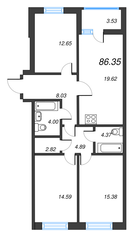 4-комнатная (Евро) квартира, 86.35 м² в ЖК "Чёрная речка" - планировка, фото №1