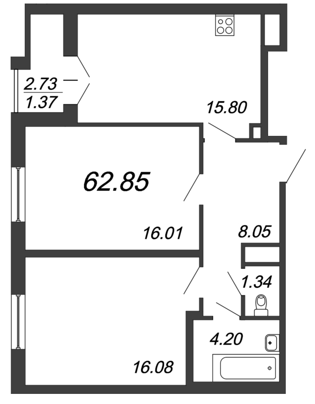 3-комнатная (Евро) квартира, 62.85 м² в ЖК "Дефанс Бизнес" - планировка, фото №1