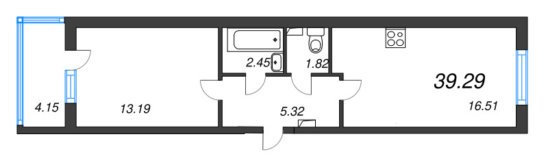 2-комнатная (Евро) квартира, 39.29 м² - планировка, фото №1