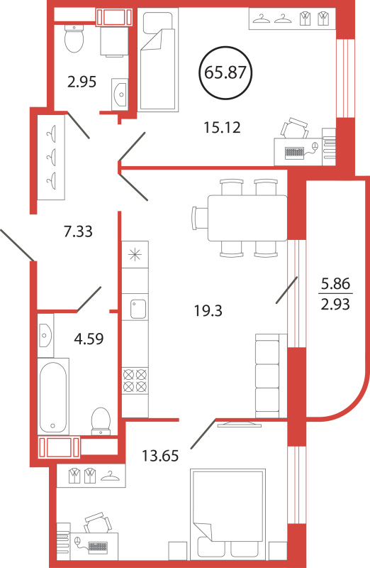 3-комнатная (Евро) квартира, 65.87 м² - планировка, фото №1