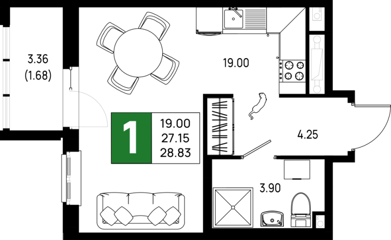 Квартира-студия, 28.83 м² в ЖК "Имена" - планировка, фото №1