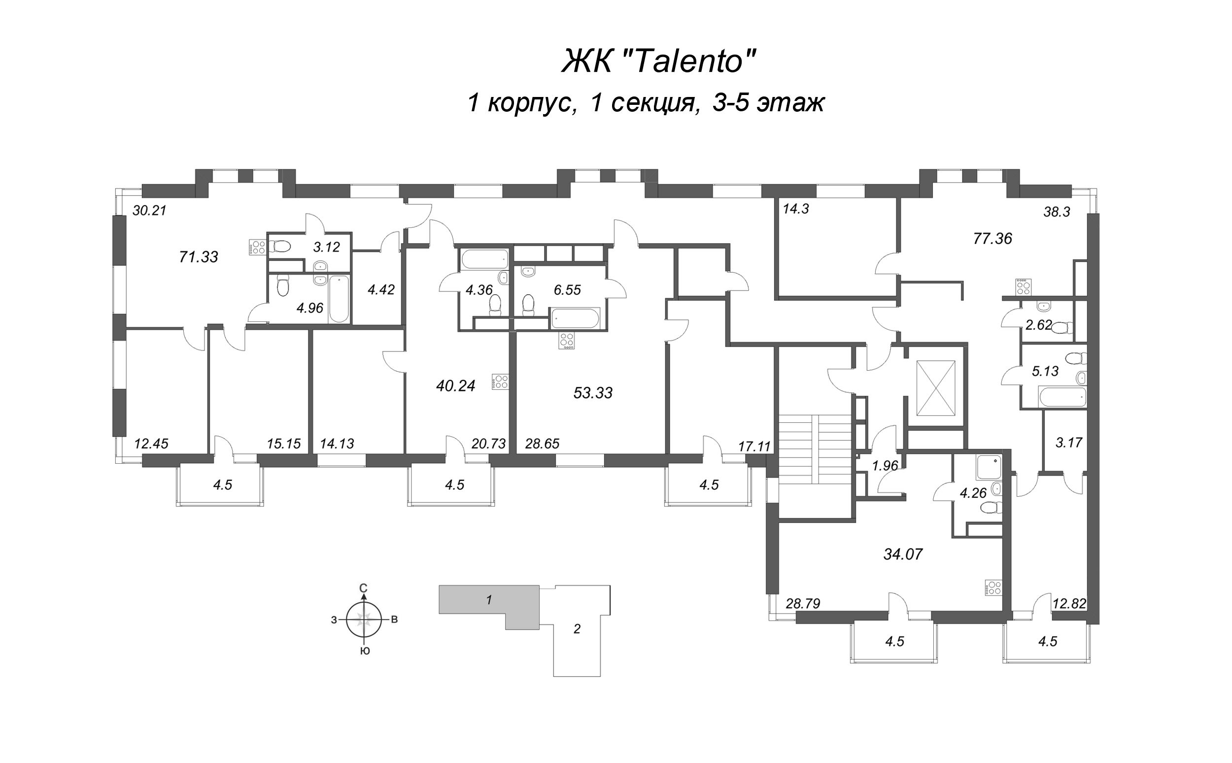 Квартира-студия, 34.07 м² - планировка этажа