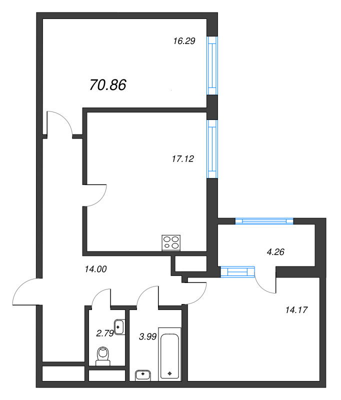 3-комнатная (Евро) квартира, 70.86 м² в ЖК "Расцветай в Янино" - планировка, фото №1