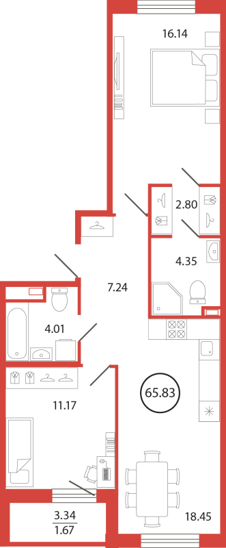 3-комнатная (Евро) квартира, 65.83 м² - планировка, фото №1