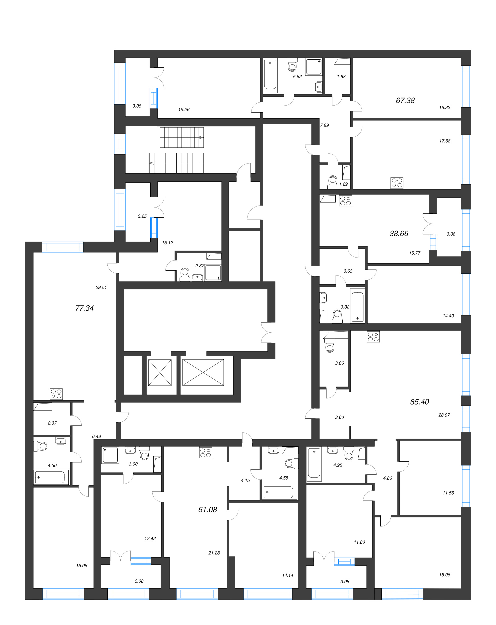 3-комнатная (Евро) квартира, 78.3 м² в ЖК "Наука" - планировка этажа