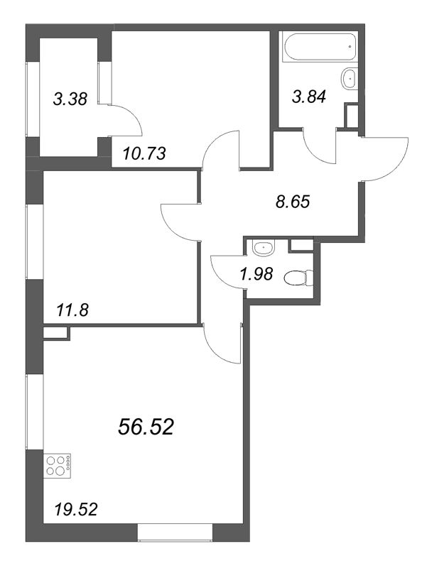 3-комнатная (Евро) квартира, 56.52 м² в ЖК "Дубровский" - планировка, фото №1