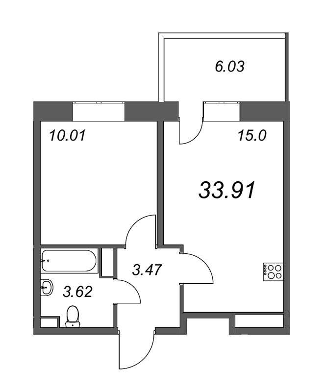 2-комнатная (Евро) квартира, 33.91 м² - планировка, фото №1