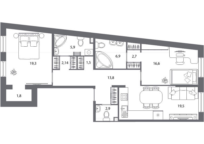 3-комнатная (Евро) квартира, 94.3 м² - планировка, фото №1