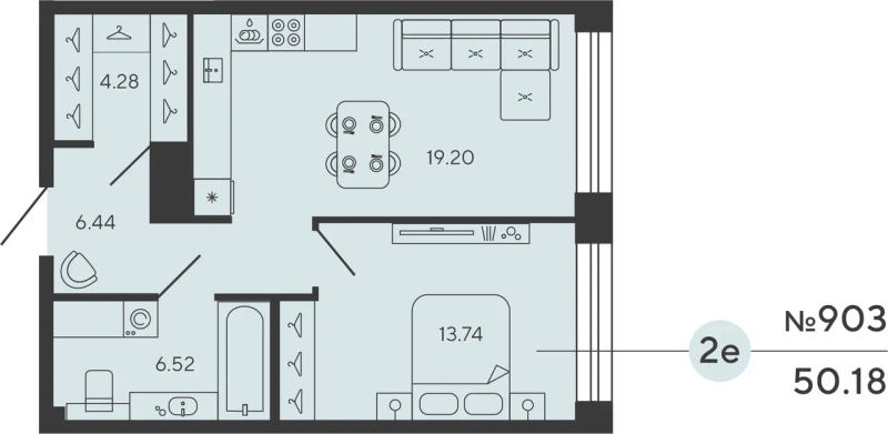 2-комнатная (Евро) квартира, 50.18 м² в ЖК "Bashni Element" - планировка, фото №1