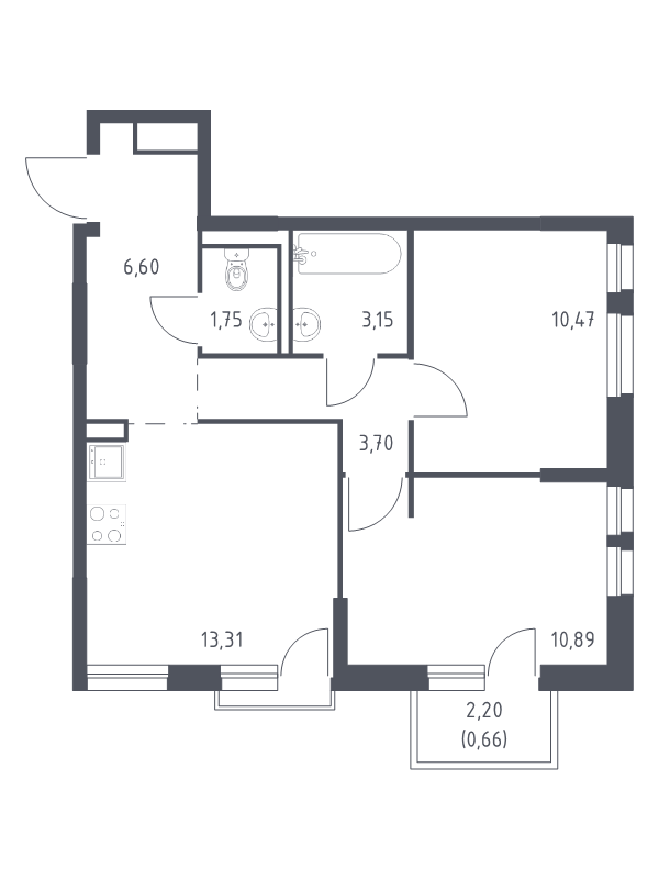 2-комнатная квартира, 50.53 м² - планировка, фото №1