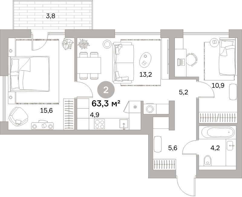 3-комнатная (Евро) квартира, 63.4 м² в ЖК "Северный ветер" - планировка, фото №1