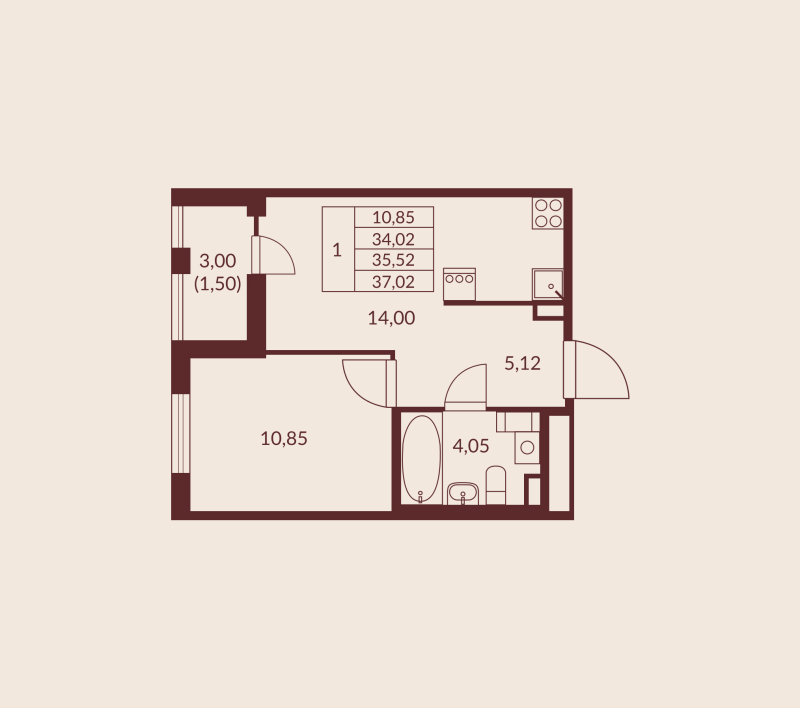1-комнатная квартира, 35.52 м² в ЖК "Амурино" - планировка, фото №1