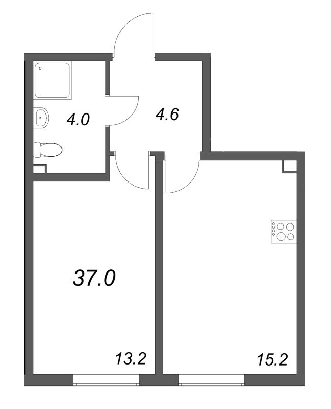 2-комнатная (Евро) квартира, 37 м² в ЖК "Октябрьская набережная" - планировка, фото №1