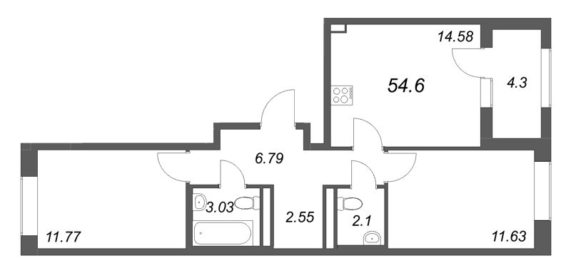 2-комнатная квартира, 54.6 м² в ЖК "Гранат" - планировка, фото №1
