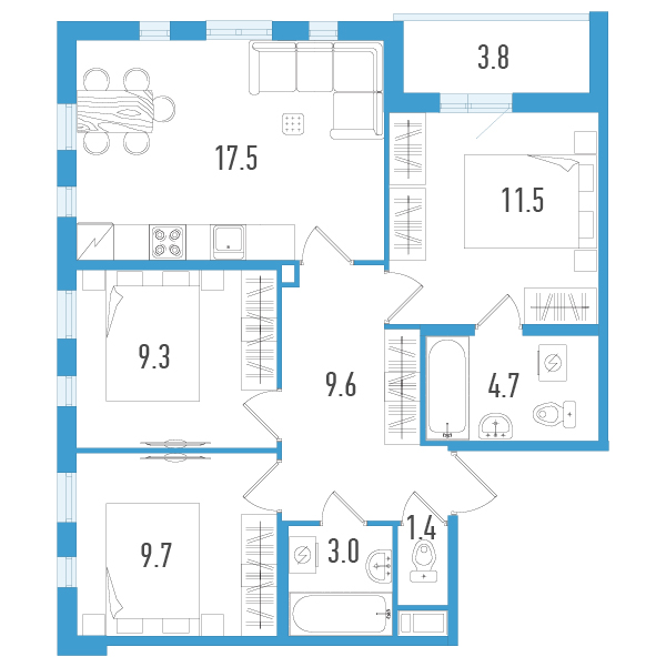 4-комнатная (Евро) квартира, 68.6 м² - планировка, фото №1