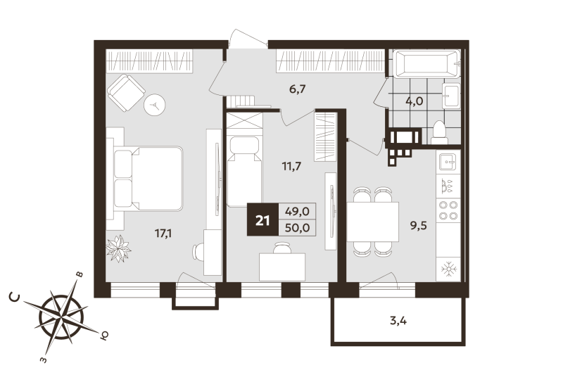 2-комнатная квартира, 49 м² в ЖК "Дом на Бронницкой" - планировка, фото №1
