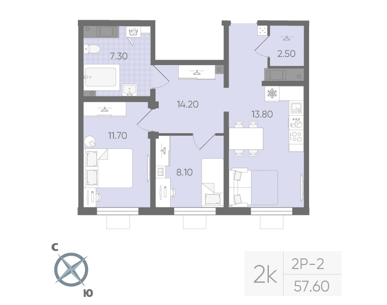 2-комнатная квартира, 57.6 м² в ЖК "Ручьи" - планировка, фото №1