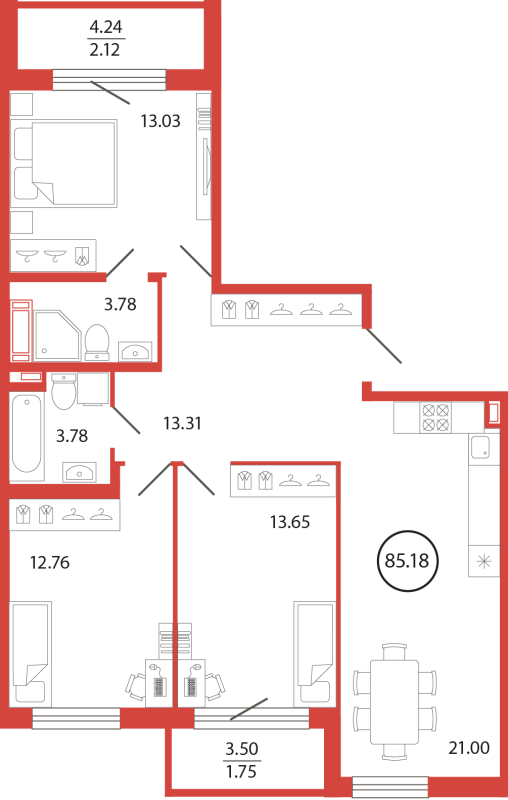 4-комнатная (Евро) квартира, 85.18 м² в ЖК "Энфилд" - планировка, фото №1